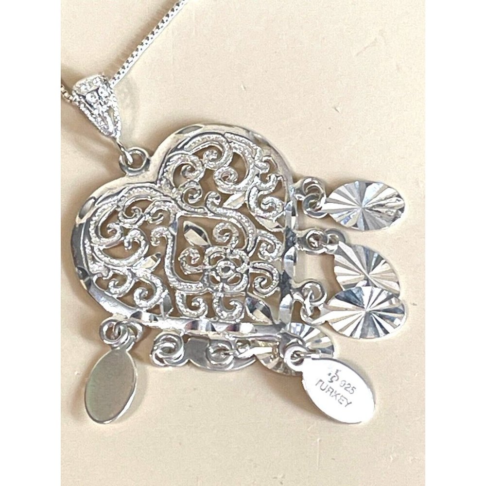 Valentine Dangling Heart Sterling Filigree Necklace 925 Turkey 16" - Picture 5 of 15